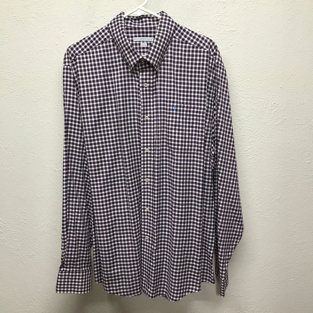 Southern Tide‎ Button Down Shirt Men XL Purple Gingham Classic Fit Stretch Logo
